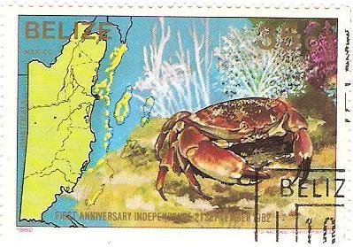 Stamp, Batwing Coral Crab (Carpillius corallinus), Belize,  , Crabs
