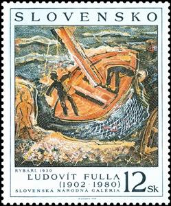 Stamp, Fisher, by Ludovit Fulla, Slovakia,  , Ships, Fishery, Fishing-boats, Paintings, Museums, Art