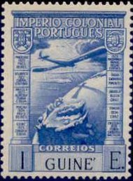 Stamp, Airplane over globe, Portuguese colonies and territories in Africa,  