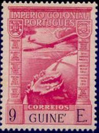 Stamp, Airplane over globe, Portuguese colonies and territories in Africa,  