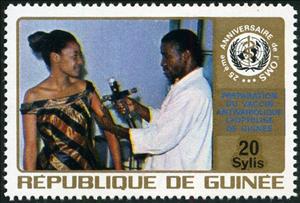 Stamp, 25th anniversary of the World Health, Guinea, Social Democratic Republic,  