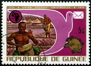 Stamp, Drummers, Pigeon, UPAF, Guinea, Social Democratic Republic,  , UPU, Stylized Animals, Communication, Music, Musical Instruments, Musicians, Pigeons, Letters (Mail)
