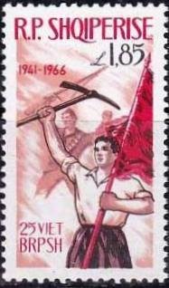 Stamp, Pioneer with Pick and Flag, Albania,  