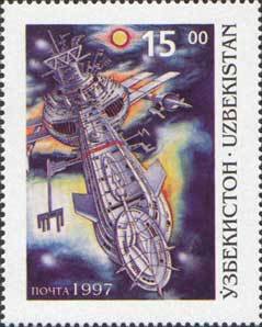 Stamp, Spacecraft with external "wings" and "probes", Uzbekistan,  