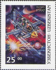 Stamp, Spacecraft with two cosmonauts, Uzbekistan,  