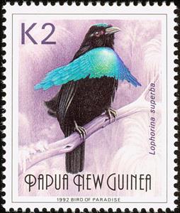 Stamp, Superb Bird-of-paradise (Lophorina superba), Papua New Guinea,  , Birds, Animals (Fauna)