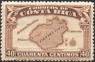 Stamp, Map of Cocos Island, Costa Rica,  , Maps, Islands, Sailing Ships