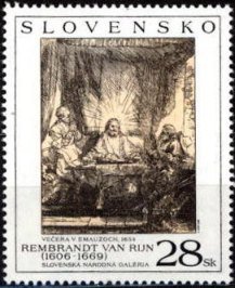 Stamp, Supper at Emmaus, by Rembrandt, Slovakia,  , Biblical Accounts, Paintings, Religion, Museums, Art