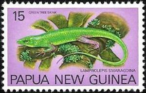 Stamp, Green Tree Skink (Lamprolepis smaragdina), Papua New Guinea,  