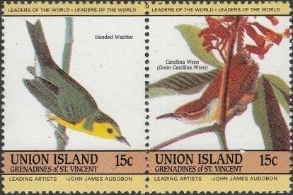 Se-tenant, Hooded Warbler (Setophaga citrina), Carolina Wren (Thryothor, Saint Vincent and The Grenadines,  , Birds, Animals (Fauna)
