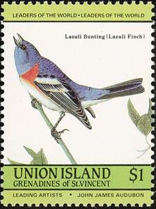 Stamp, Lazuli Bunting (Passerina amoena), Saint Vincent and The Grenadines,  , Birds, Animals (Fauna)