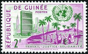 Stamp, UNO building in New York, landscape in Guinea, Guinea, Social Democratic Republic,  