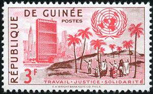 Stamp, UNO building in New York, landscape in Guinea, Guinea, Social Democratic Republic,  