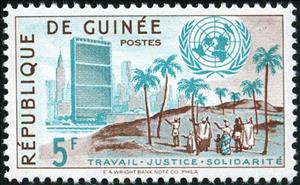 Stamp, UNO building in New York, landscape in Guinea, Guinea, Social Democratic Republic,  