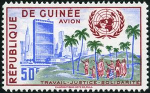 Stamp, UNO building in New York, landscape in Guinea, Guinea, Social Democratic Republic,  