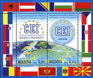 Souvenir Sheet, Part of globe with Europe and emblem of Central-European Ini, Moldova,  