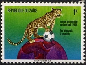 Stamp, Leopard (Panthera pardus) with Ball on Globe, Zaire,  , Sport, Football (Soccer)