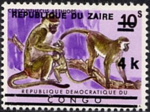 Stamp, Green Vervet (Cercophitecus aethiops), Zaire,  , Monkeys, Animals (Fauna)