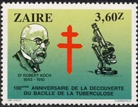 Stamp, Centenary of the discovery of the tuberculosis bacteria by R, Zaire,  , Famous People