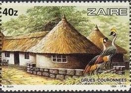 Stamp, Black Crowned Crane (Balearica pavonina), Zaire,  , Buildings, Cranes (Birds)
