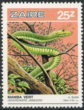 Stamp, Jameson's Mamba (Dendroaspis jamesoni), Zaire,  , Reptiles, Snakes, Animals (Fauna)