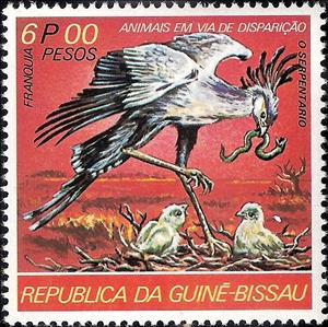 Stamp, Secretarybird (Sagittarius serpentarius), Guinea-Bissau,  , Birds, Animals (Fauna)