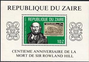 Souvenir Sheet, Sir Rowland Hill, Zaire,  , Mammals, Stamps, Leopards, Postmasters, Animals (Fauna)