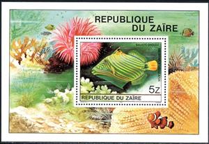 Souvenir Sheet, Orange-lined Triggerfish (Balistapus undulatus), Zaire,  , Animals (Fauna), Fishes