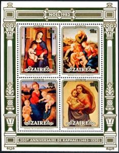 Souvenir Sheet, 500e anniversary of Raphael’s birth, Zaire,  , Paintings
