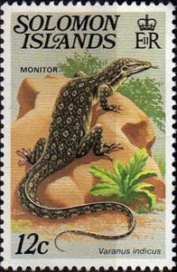Stamp, Mangrove Monitor (Varanus indicus), Solomon Islands,  , Reptiles, Animals (Fauna)