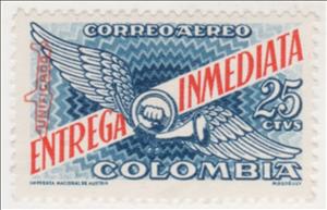 Stamp, Post Horn and Wings, Colombia,  