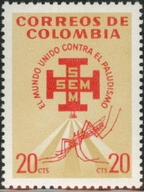 Stamp, Campagn emblems and mosquito, Colombia,  , Malaria