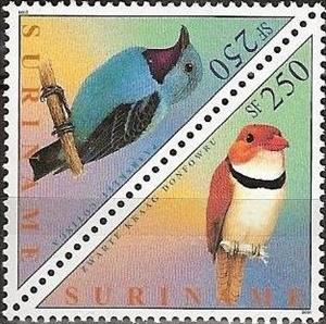 Se-tenant, Spangled Cotinga (Cotinga cayana), Collared Puffbird (Bucco , Suriname,  , Birds, Animals (Fauna), Triangle Stamps