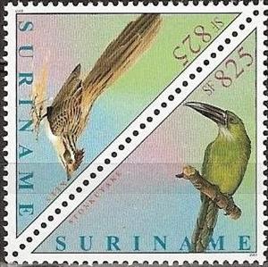 Se-tenant, Striped Cuckoo (Tapera naevia), Chestnut-tipped Toucanet (Au, Suriname,  , Birds, Animals (Fauna), Triangle Stamps