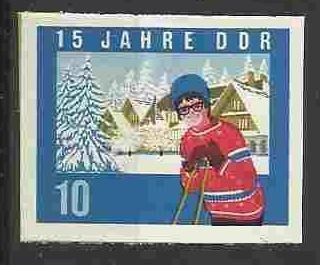 Stamp, Ski driver, snowy village, Germany, Democratic Republic,  