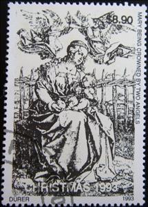 Stamp, Dürer: Mary being crowned by two angels, Guyana,  