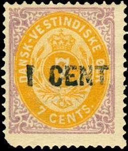 Stamp, Numeral type, hand stamped  surcharge, Danish West Indies,  