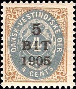 Stamp, Numeral type surcharged, Danish West Indies,  