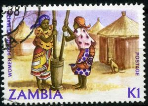 Stamp, Women pounding maize, Zambia,  