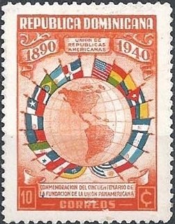 Stamp, Map of America and Flags, Dominican Republic,  