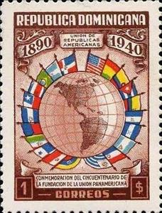 Stamp, Map of America and Flags, Dominican Republic,  