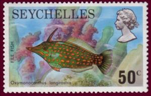 Stamp, Orange-spotted Filefish (Oxymonacanthus longirostris), Seychelles,  , Fishes
