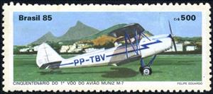 Stamp, Cinquentenario - 50 years Muniz M-7 Airplane, Brazil,  , Aviation, Aircrafts