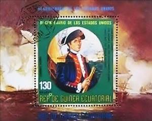 Souvenir Sheet, John Paul Jones, Equatorial Guinea,  , Ships, Admirals, Revolutions, Naval Battles, Navies, Sailing Ships