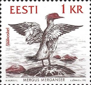 Stamp, Common Merganser (Mergus merganser), Estonia,  , Birds, Ducks, Animals (Fauna), Joint Issues