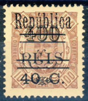 King Carlos I, with surcharge «REPUBLICA» and new surtax
