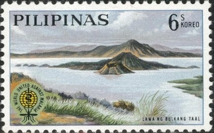Volcano in Lake Taal and Malaria Eradication Emblem