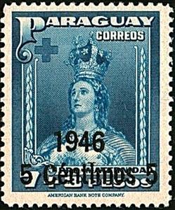Stamp, Our Lady of Asuncion with overprint "1946" and new value, Paraguay,  