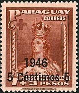 Stamp, Our Lady of Asuncion with overprint "1946" and new value, Paraguay,  