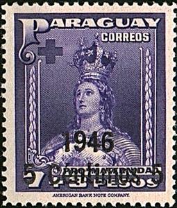 Stamp, Our Lady of Asuncion with overprint "1946" and new value, Paraguay,  